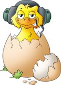 En ælling med headset kommer ud af et æg