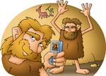 Two cavemen with a cellphone