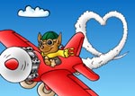 Teddy bear in airplane draws a heart in the sky