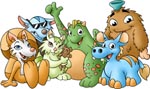 A group of cute fantasy creatures and animals