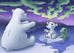Two cute polar bears and a seal